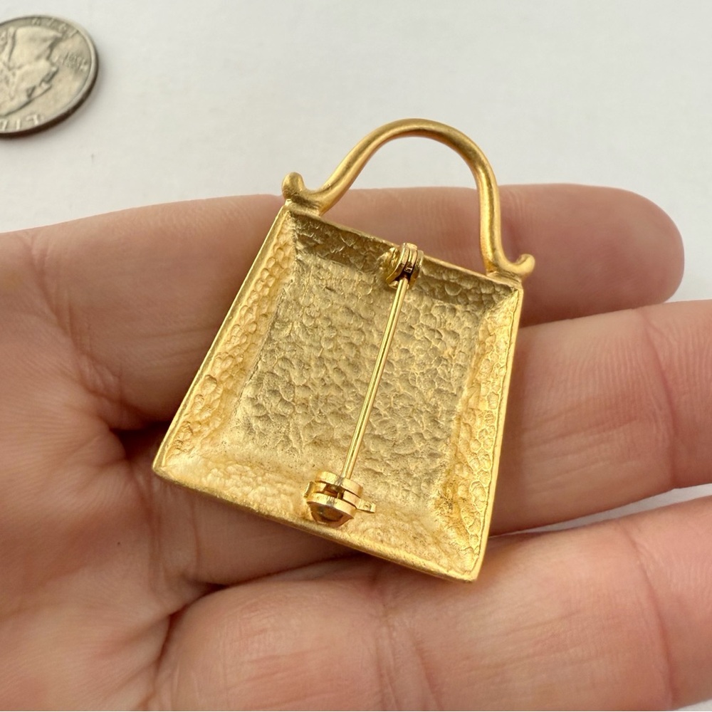 Vintage Brushed Matte Goldtone Purse Handbag Brooch Pin - Picture 4 of 5